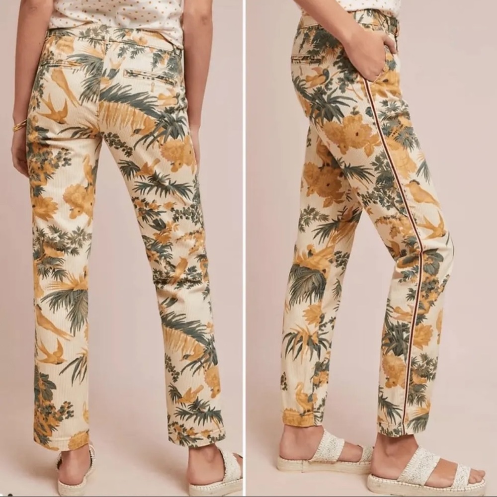 Anthropologie Chino Pants Sz 27 Relaxed Ankle Length Birds Foliage Botanical GUC